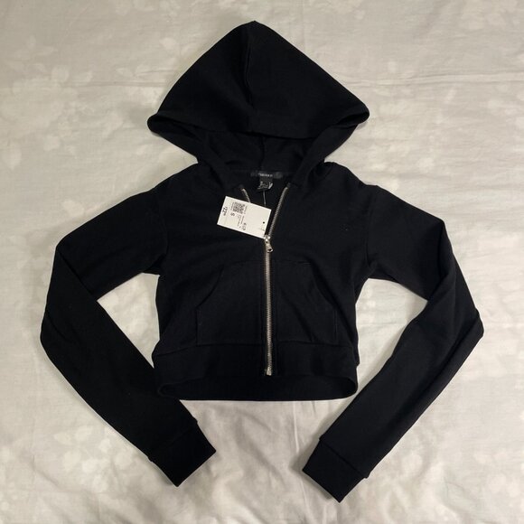 Forever 21 Black Cropped Zip-Up Hoodie Women’s Small | Full Zip Short Jacket NWT - Picture 1 of 10